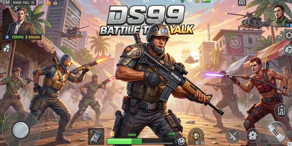 Screenshot gameplay DS99 menampilkan aksi seru dalam pertarungan Battle Royale.