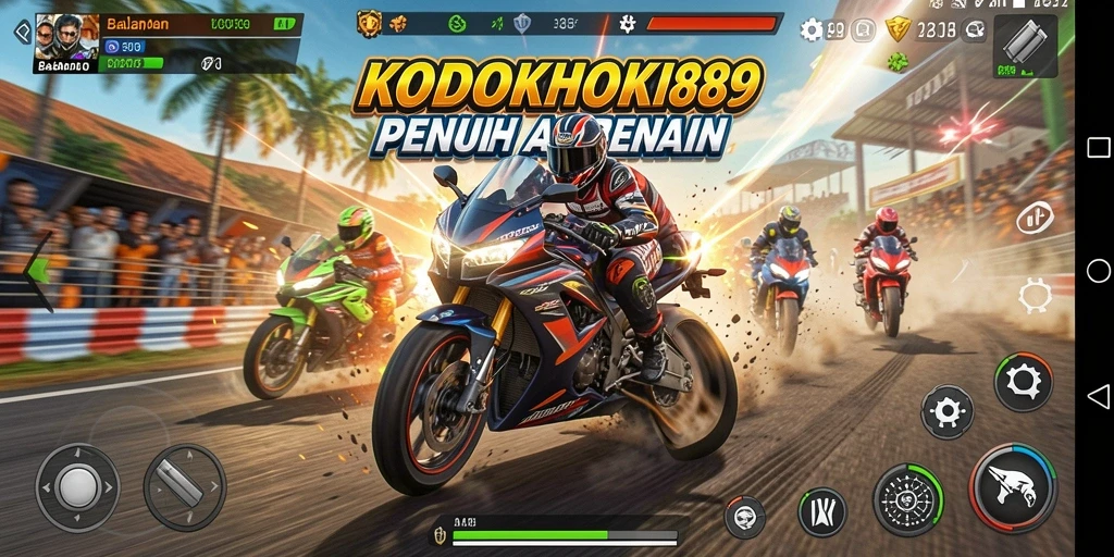 Screenshot gameplay KODOKHOKI889 yang menunjukkan aksi balapan motor yang intens.